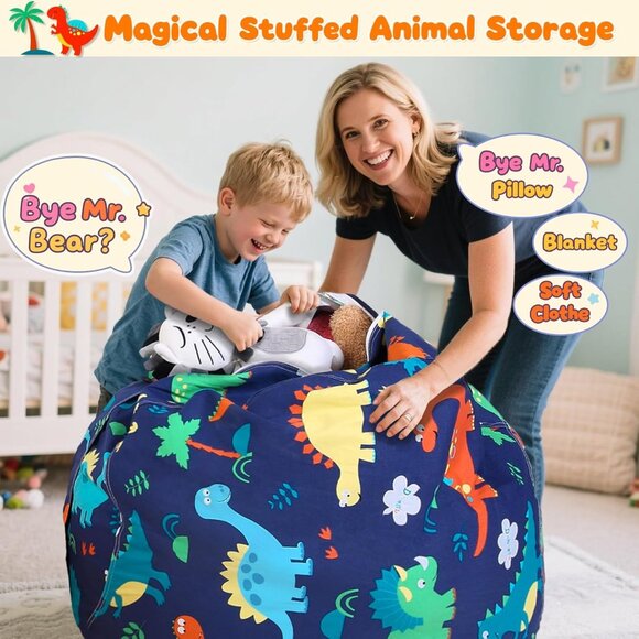 Dinosaur Stuffed Animal Storage Bean Bag Chair Holds 60+ Plush Toys, Washable - Picture 5 of 5